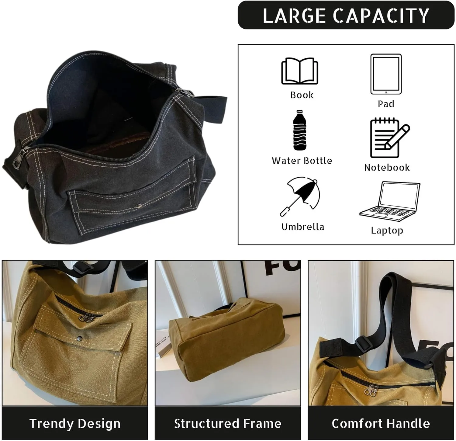 Vintage Canvas Messenger Bag for Women, Hippie Crossbody Hobo Purse with Multiple Pockets