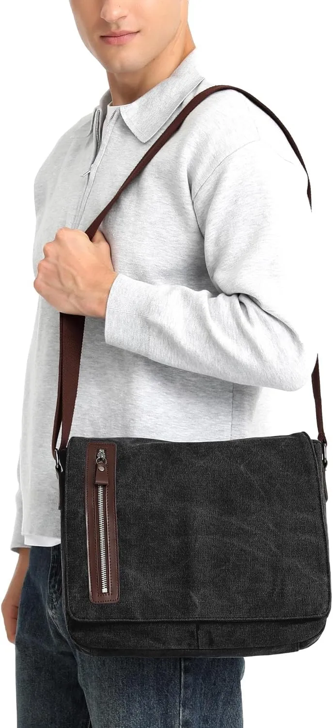 Vintage Canvas Messenger Bag Unisex Shoulder Bag Canvas Satchel Cross Body College Work Satchel Briefcase for 14 Inch Laptop