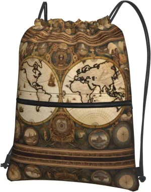 Vintage Old World Map Prints Drawstring Zipper Backpack For Hiking Camping Yoga - Convenient Daily Carry