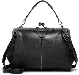 Vintage PU Leather Handbags for Women Stylish Kiss Lock Clutch Satchel Tote Purse Ladies Party Crossbody Shoulder Bags