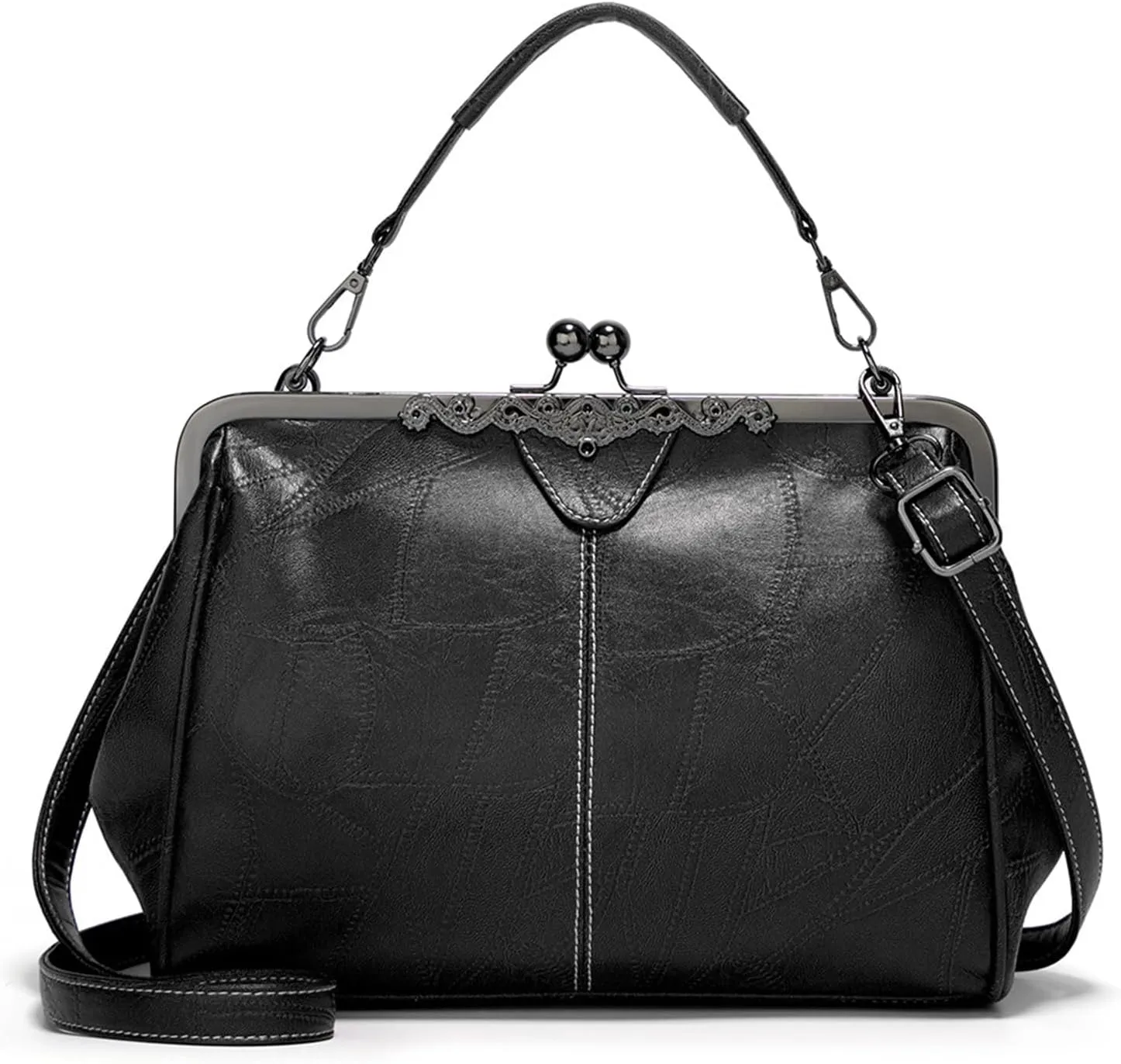 Vintage PU Leather Handbags for Women Stylish Kiss Lock Clutch Satchel Tote Purse Ladies Party Crossbody Shoulder Bags