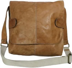 Vintage Style Leather Messenger Bag, Tan Brown with Canvas Strap, Crossbody Handbag for Women