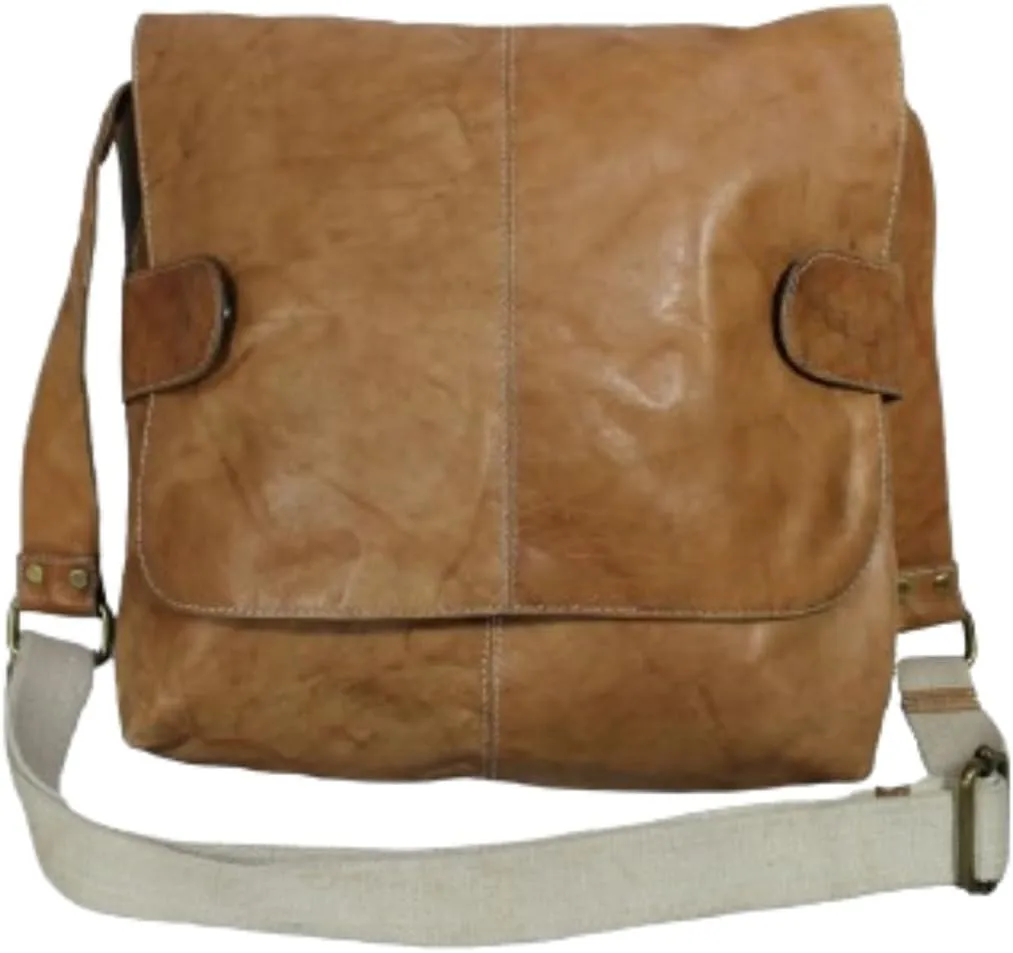 Vintage Style Leather Messenger Bag, Tan Brown with Canvas Strap, Crossbody Handbag for Women