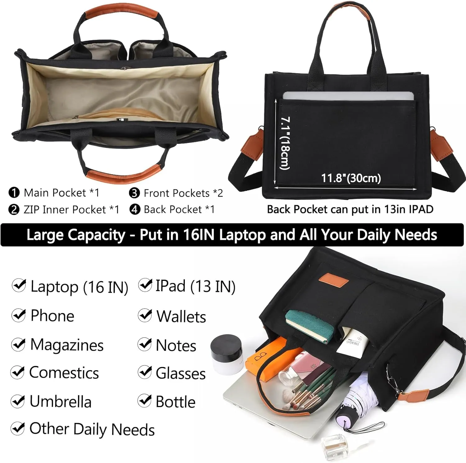 VODIU Canvas Tote Bag for Women,Laptop Bag Work Tote Bag Women Crossbody Purse Handbag Shoulder Travel Messenger Gym Tote