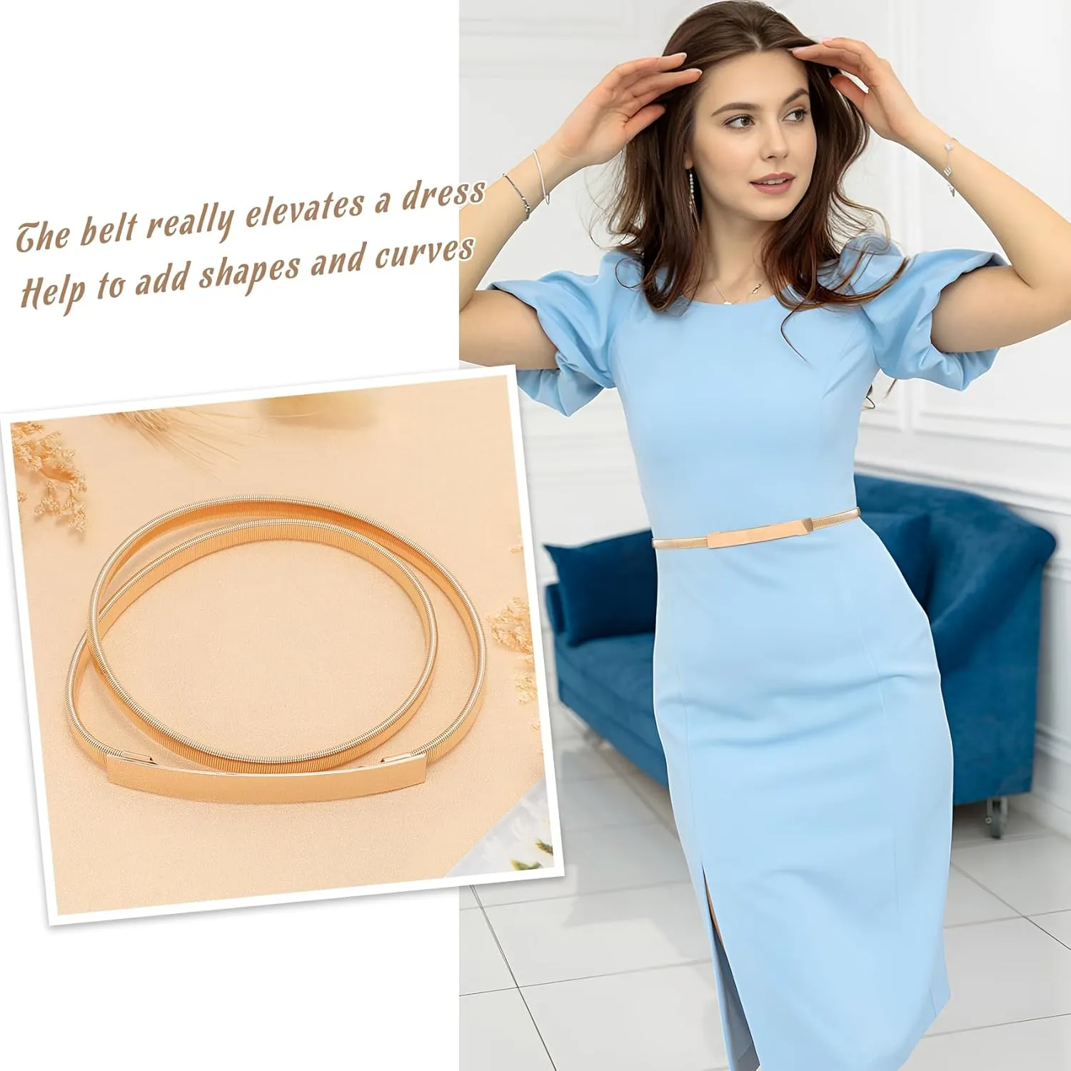 VONMELLI Skinny Metal Cinch Belt for Dress Stretch Thin Waist Belt for Women Gold/Silver