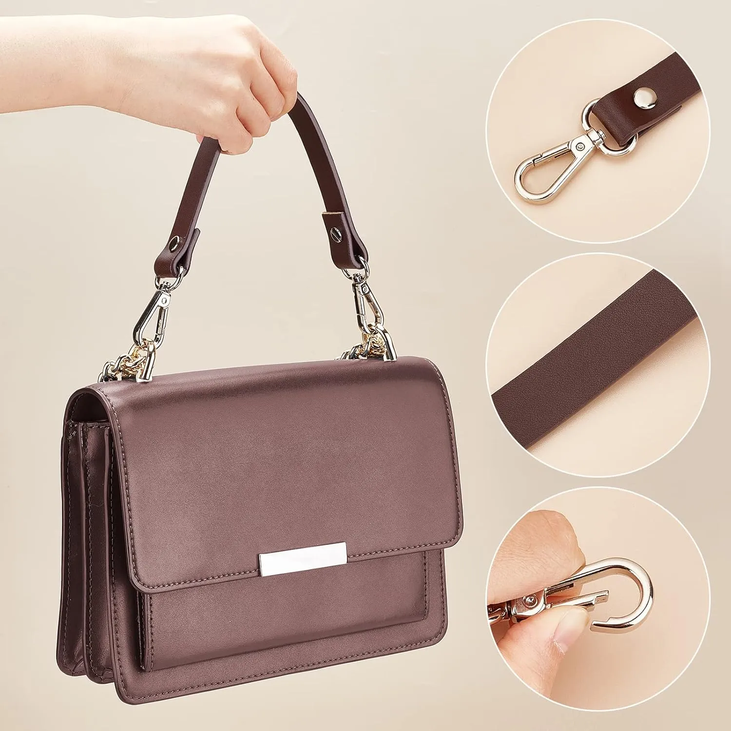 WADORN Cowhide Leather Purse Handle Strap, 13inch Leather Short Handbag Handle Strap Replacement Clutch Bag Handles DIY Bag Making Accessories for Wallet Tote Shoulder Bag Crochet Pochette, Brown
