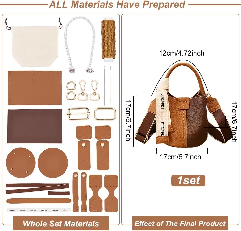 WADORN DIY PU Leather Bag Making Kit for Women, Handbags Sewing Kit for Adult DIY Bucket Bag Making Kit with Lined Pockets DIY Purse Cross Leather Craft Bag Making Supplies, 6.7x6.7 Inch, Brown