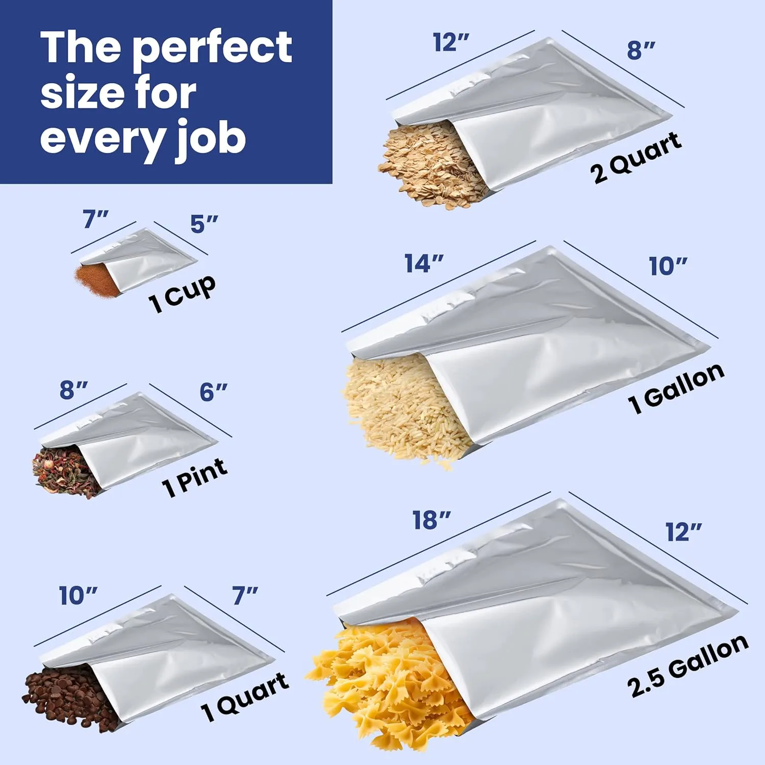 Wallaby 50 Count 1-Pint Mylar Bags with Labels, 10 Mil Total Thicker Long-Term Food Storage Pouches, 6x8 Heat-Sealable Airtight Packaging - Silver