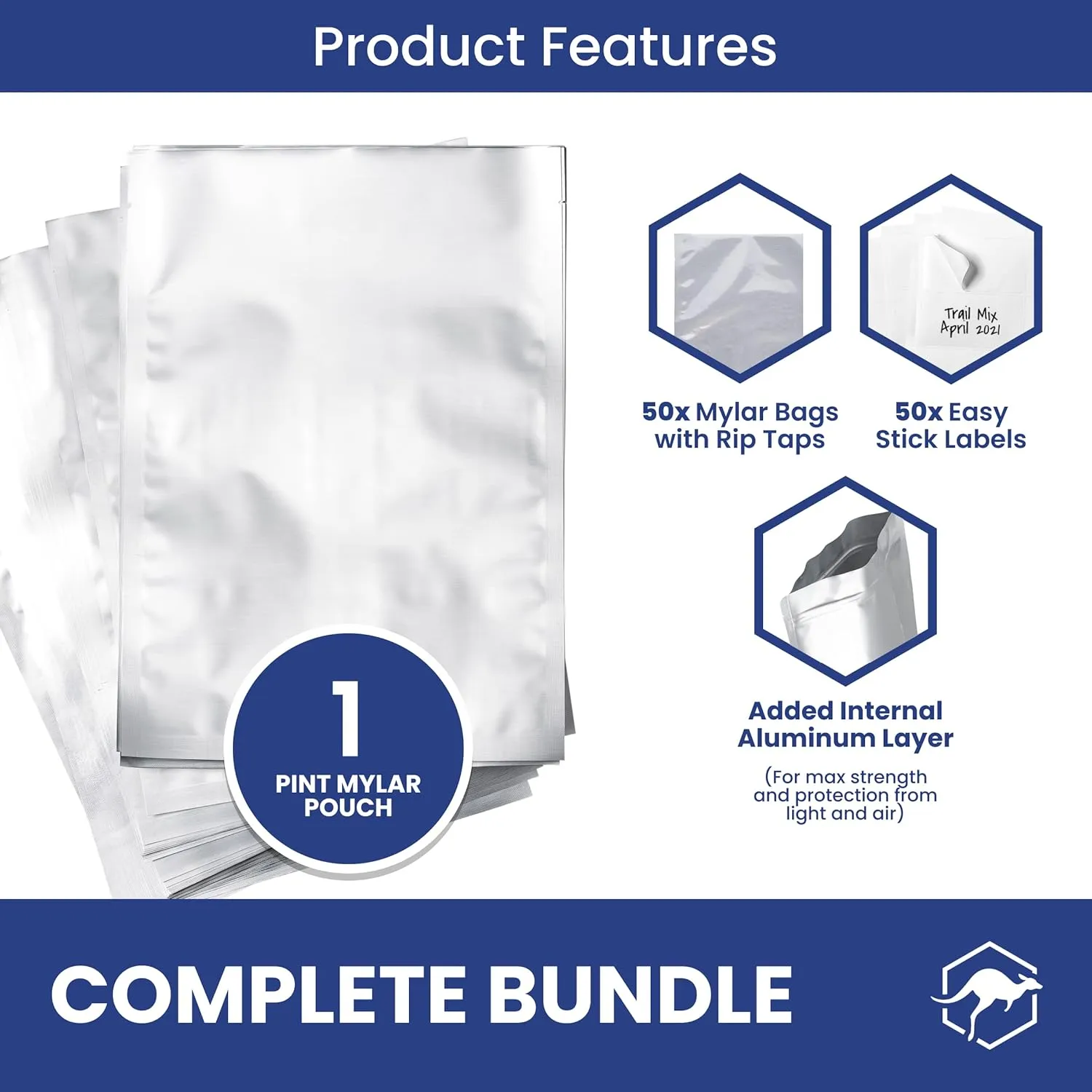 Wallaby 50 Count 1-Pint Mylar Bags with Labels, 10 Mil Total Thicker Long-Term Food Storage Pouches, 6x8 Heat-Sealable Airtight Packaging - Silver