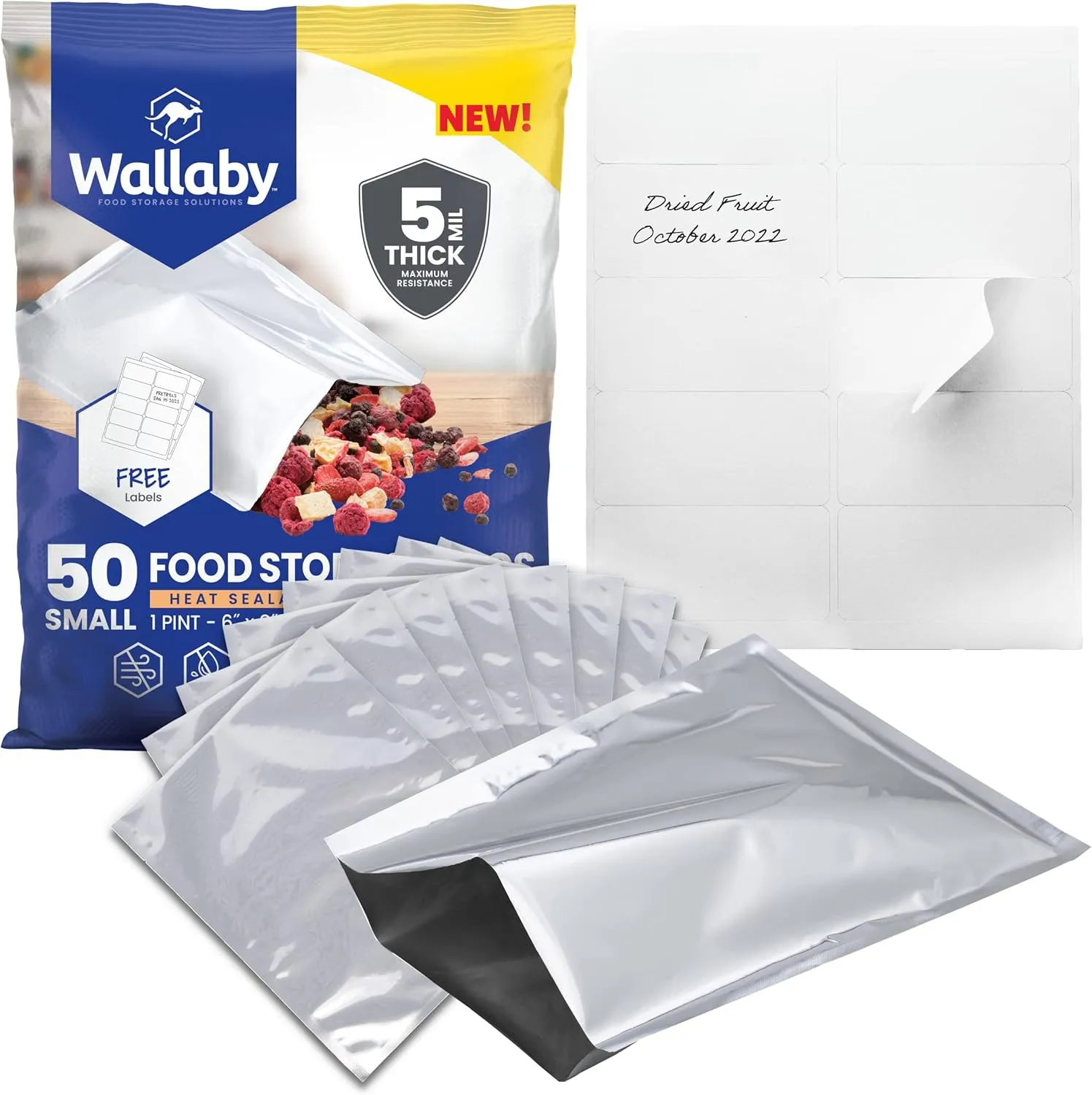 Wallaby 50 Count 1-Pint Mylar Bags with Labels, 10 Mil Total Thicker Long-Term Food Storage Pouches, 6x8 Heat-Sealable Airtight Packaging - Silver