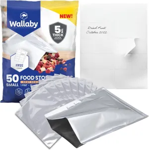 Wallaby 50 Count 1-Pint Mylar Bags with Labels, 10 Mil Total Thicker Long-Term Food Storage Pouches, 6x8 Heat-Sealable Airtight Packaging - Silver