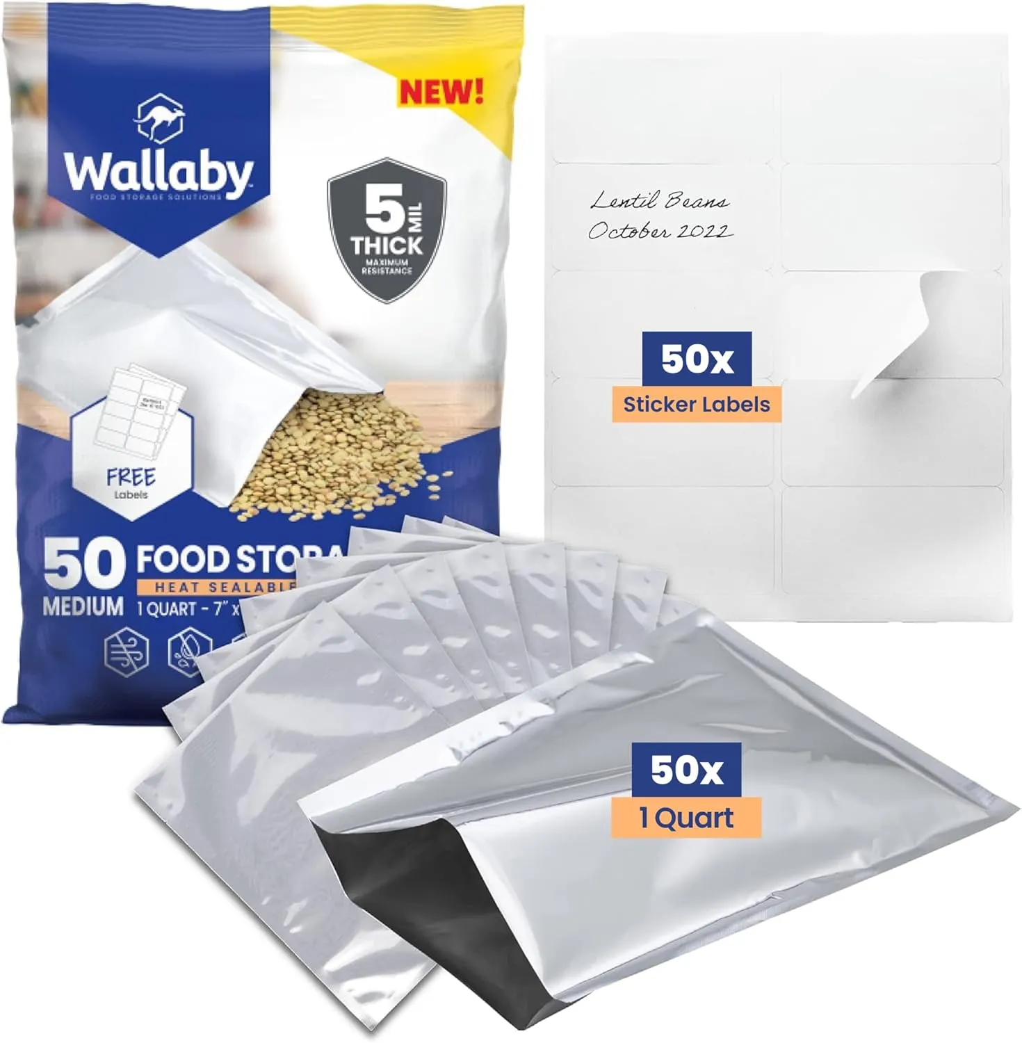 Wallaby 50 Count 1-Quart Mylar Bags with Labels, 10 Mil Total Thicker Long-Term Food Storage Pouches, 7x10 Heat-Sealable Airtight Packaging - Silver