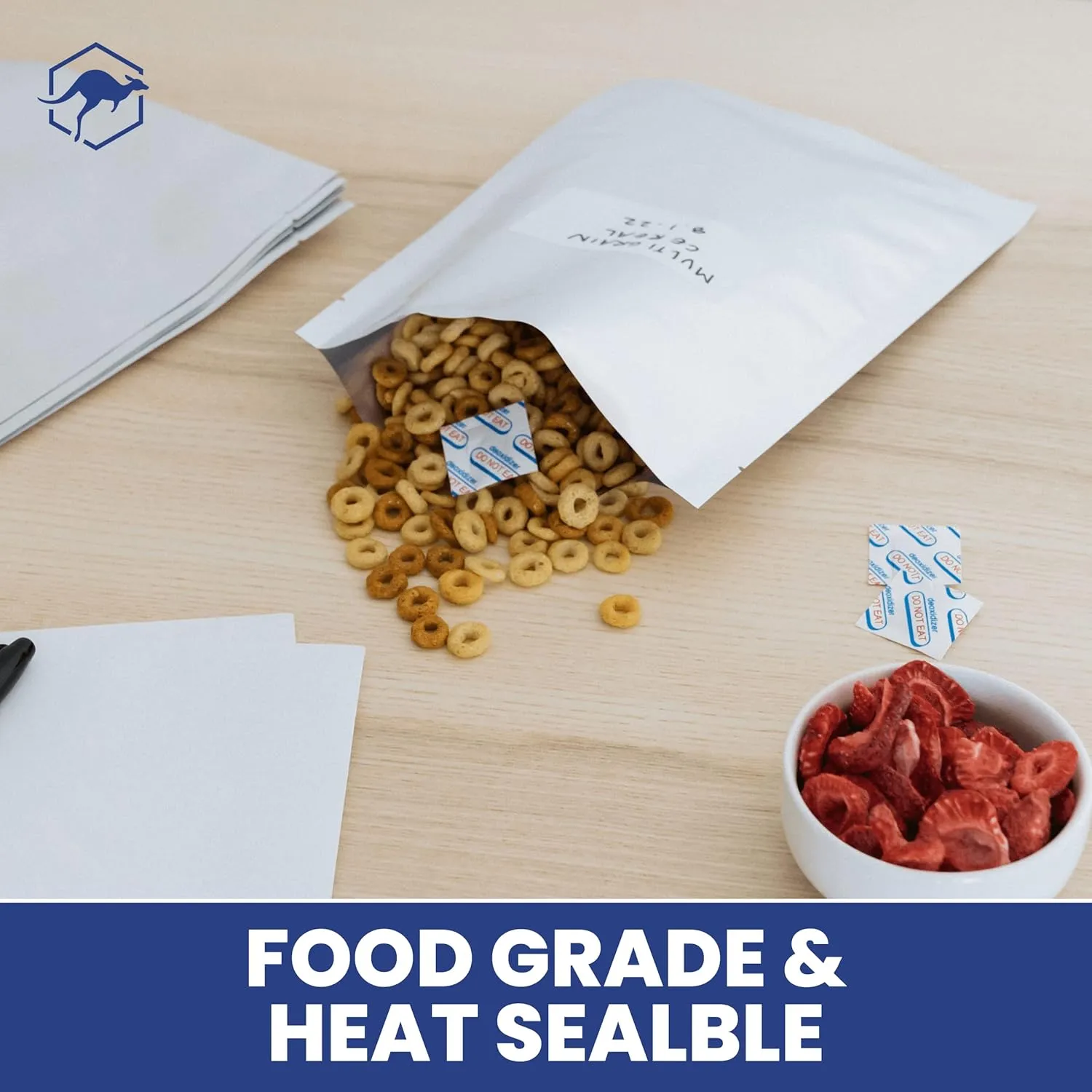 Wallaby 50 Count 1-Quart Mylar Bags with Labels, 10 Mil Total Thicker Long-Term Food Storage Pouches, 7x10 Heat-Sealable Airtight Packaging - Silver