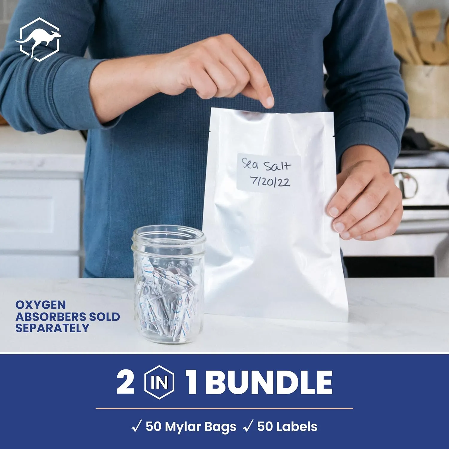 Wallaby 50 Count 1-Quart Mylar Bags with Labels, 10 Mil Total Thicker Long-Term Food Storage Pouches, 7x10 Heat-Sealable Airtight Packaging - Silver