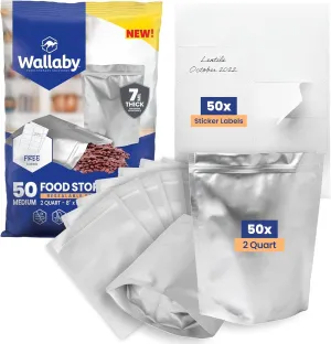 Wallaby 50 Count 2-Quart Gusset Mylar Bags with Labels, 14 Mil Total Thicker Long-Term Food Storage Pouches, 8x12 Stand-Up Zipper Heat-Sealable Airtight Packaging - Silver