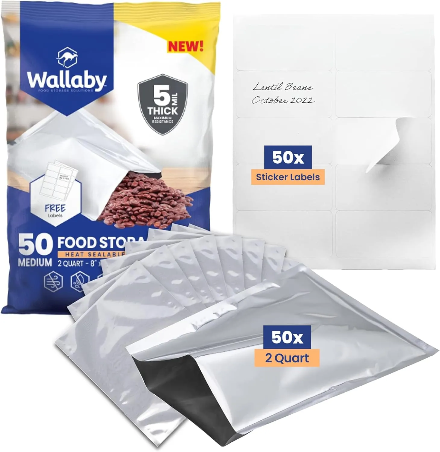 Wallaby 50 Count 2-Quart Mylar Bags with Labels, 10 Mil Total Thicker Long-Term Food Storage Pouches, 8x12 Heat-Sealable Airtight Packaging - Silver