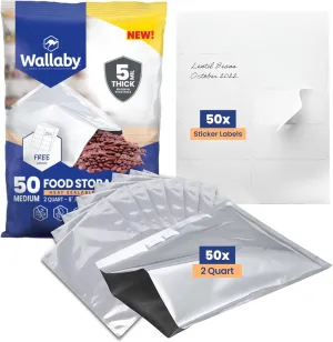 Wallaby 50 Count 2-Quart Mylar Bags with Labels, 10 Mil Total Thicker Long-Term Food Storage Pouches, 8x12 Heat-Sealable Airtight Packaging - Silver