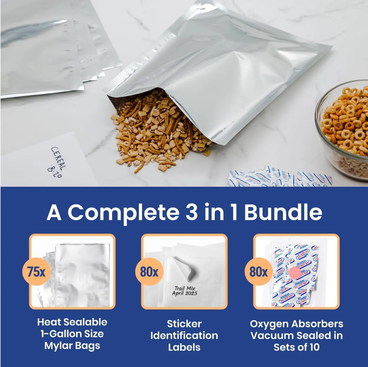 Wallaby 75 Count 1-Gallon Mylar Bags with 400cc Oxygen Absorbers, 10 Mil Total Thicker Long-Term Food Storage Pouches, 10x14 Heat-Sealable Airtight Packaging - Silver