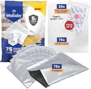Wallaby 75 Count 1-Gallon Mylar Bags with 400cc Oxygen Absorbers, 10 Mil Total Thicker Long-Term Food Storage Pouches, 10x14 Heat-Sealable Airtight Packaging - Silver
