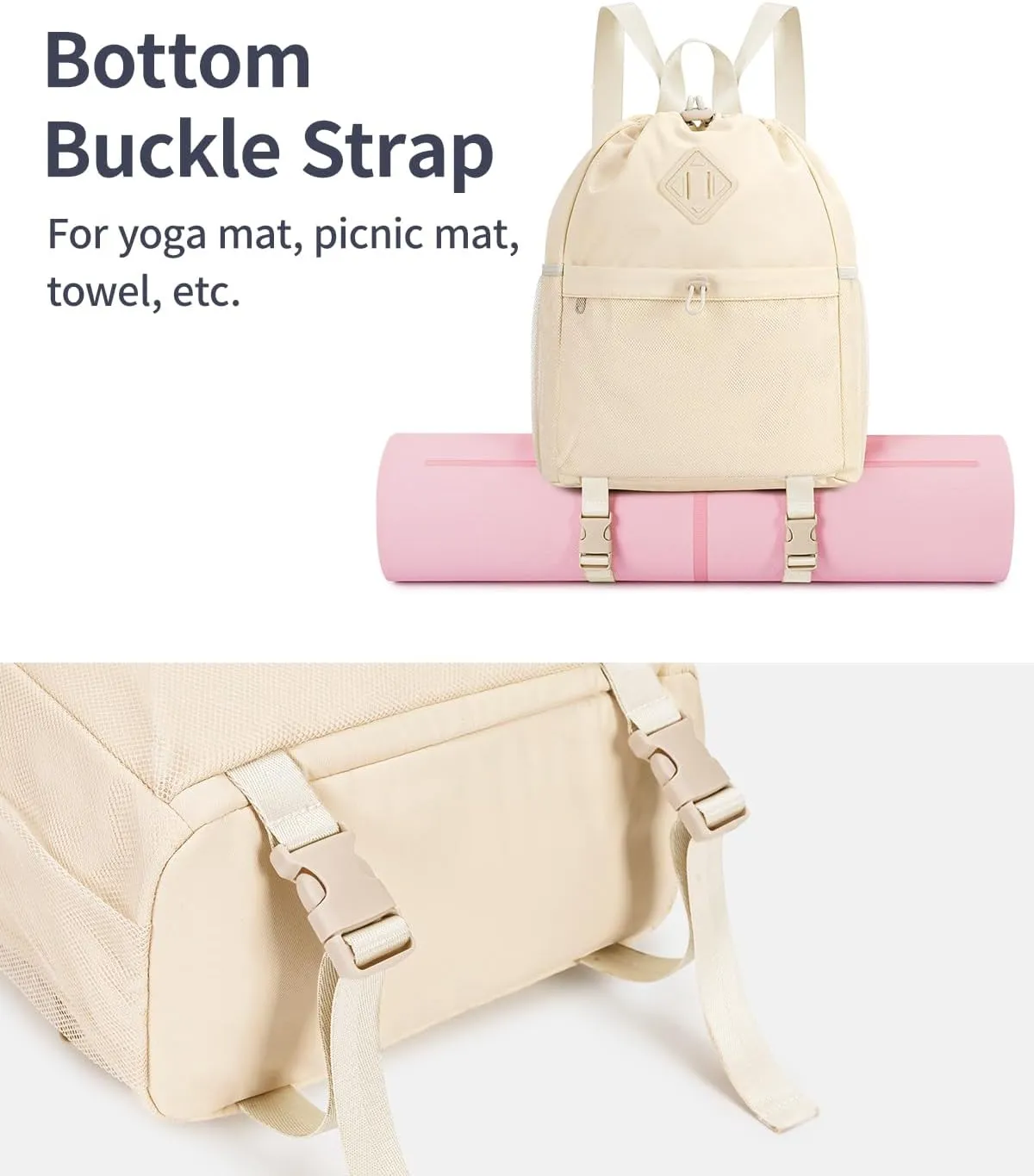 WANDF Drawstring Backpack Sports Gym Bag with Yoga Mat Strap, Water-Resistant String Backpack Cinch Bag with Mesh Pocket for Women Men (Beige, Patent Pending)