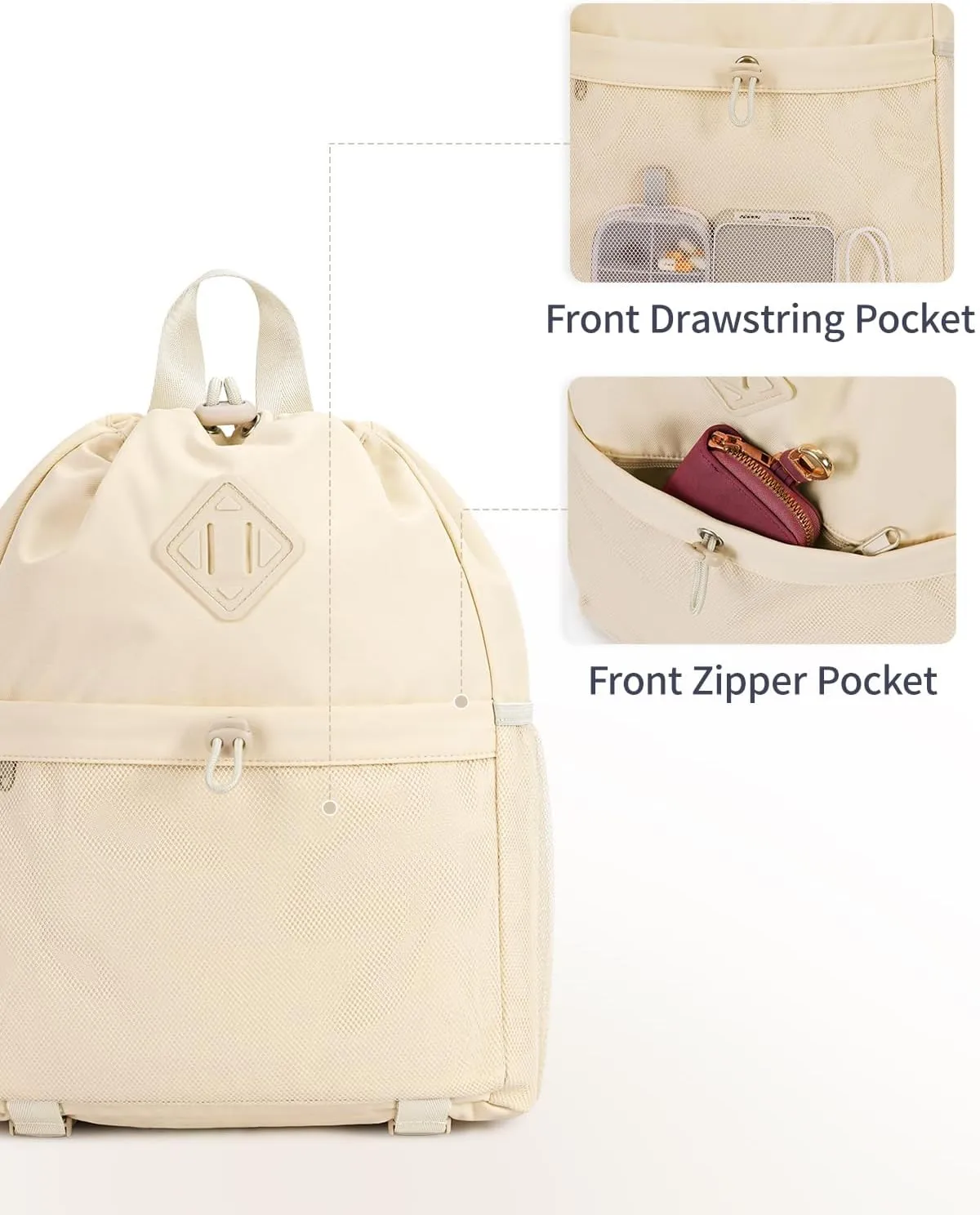 WANDF Drawstring Backpack Sports Gym Bag with Yoga Mat Strap, Water-Resistant String Backpack Cinch Bag with Mesh Pocket for Women Men (Beige, Patent Pending)