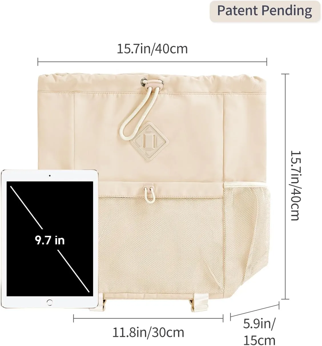 WANDF Drawstring Backpack Sports Gym Bag with Yoga Mat Strap, Water-Resistant String Backpack Cinch Bag with Mesh Pocket for Women Men (Beige, Patent Pending)