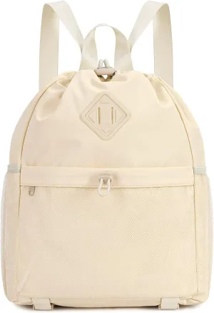 WANDF Drawstring Backpack Sports Gym Bag with Yoga Mat Strap, Water-Resistant String Backpack Cinch Bag with Mesh Pocket for Women Men (Beige, Patent Pending)