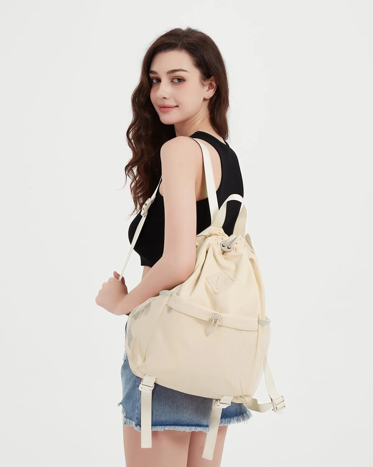 WANDF Drawstring Backpack Sports Gym Bag with Yoga Mat Strap, Water-Resistant String Backpack Cinch Bag with Mesh Pocket for Women Men (Beige, Patent Pending)