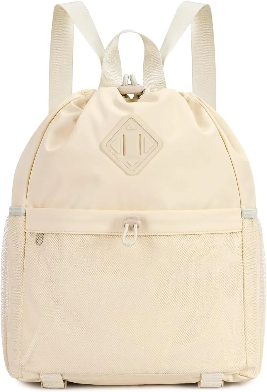 WANDF Drawstring Backpack Sports Gym Bag with Yoga Mat Strap, Water-Resistant String Backpack Cinch Bag with Mesh Pocket for Women Men (Beige, Patent Pending)