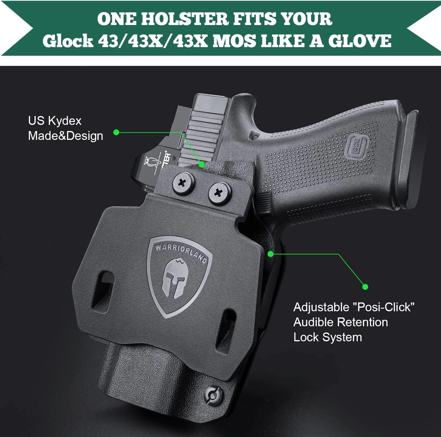 WARRIORLAND OWB Kydex Paddle Holster, Optional for Glock 43/ 43X/ 43Xmos & 17/20/ 21/22/ 23 Gen 3-5, Sig P365XL, Ruger Max-9/ LCP Max .380, Walther PPS M2, Fits 1.5"-1.75" Belt, Optics Cut & Adj. Cant