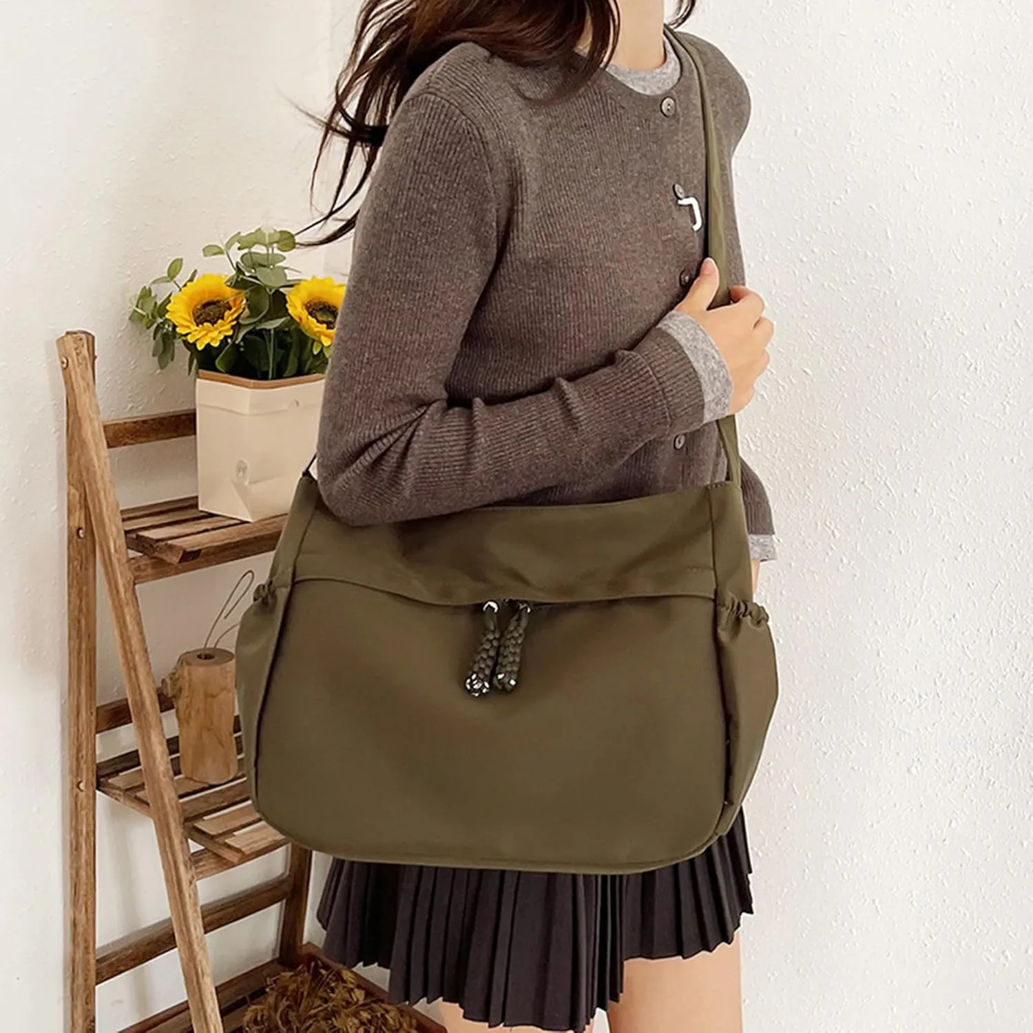 Waterproof Canvas Messenger Bag Women Multiple pockets Crossbody Shoulder Bag Spacious Student Tote with Water bottle Pocket