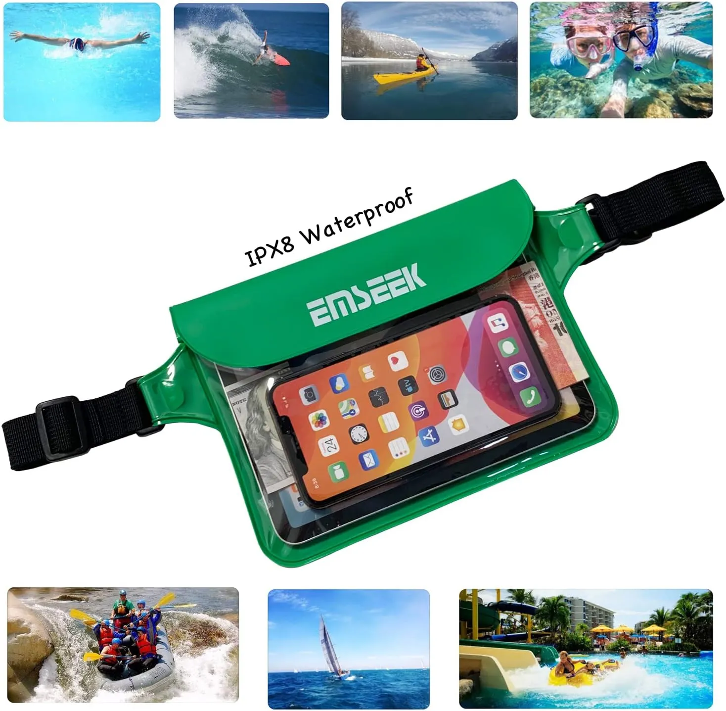 Waterproof Waist Pouch Dry Belt Bag Fanny Pack Keep Your Key Fob Wallet Kindle Phone Dry Perfect For Swim Surf Snorkel(Green)