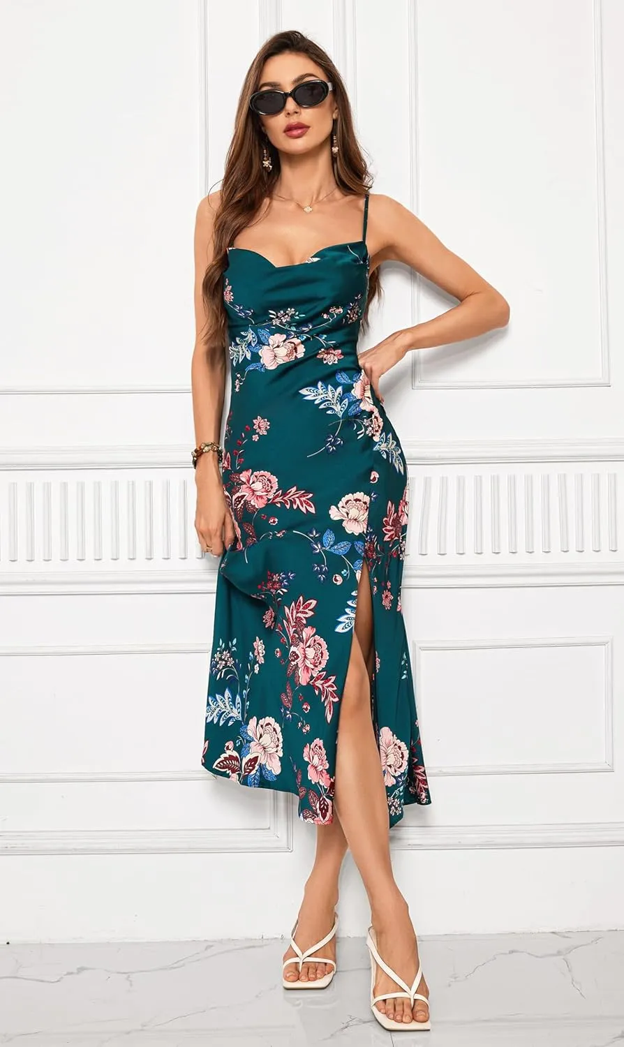 Wedding Guest Dress for Women Spaghetti Strap Satin Slip Cocktail Formal Midi Evening Party Dresses