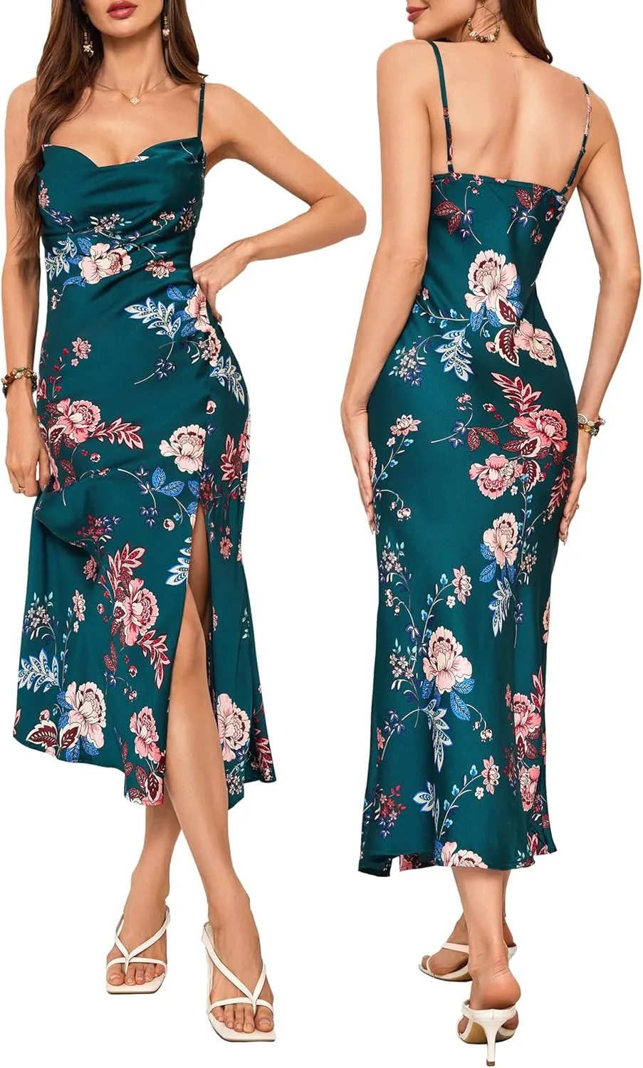 Wedding Guest Dress for Women Spaghetti Strap Satin Slip Cocktail Formal Midi Evening Party Dresses