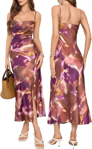 Wedding Guest Dress for Women Spaghetti Strap Satin Slip Cocktail Formal Midi Evening Party Dresses