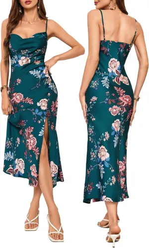 Wedding Guest Dress for Women Spaghetti Strap Satin Slip Cocktail Formal Midi Evening Party Dresses