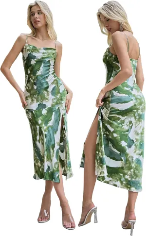 Wedding Guest Dress for Women Spaghetti Strap Satin Slip Cocktail Formal Midi Evening Party Dresses