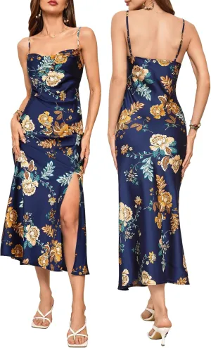 Wedding Guest Dress for Women Spaghetti Strap Satin Slip Cocktail Formal Midi Evening Party Dresses