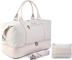 Weekender Travel Bag for Women & Men - Large Overnight Duffel Bag with Shoes Compartment & Toiletry Bag - Waterproof Weekender Bags as Personal Item for Air Travel, Gym, Weekend Getaways (Beige)