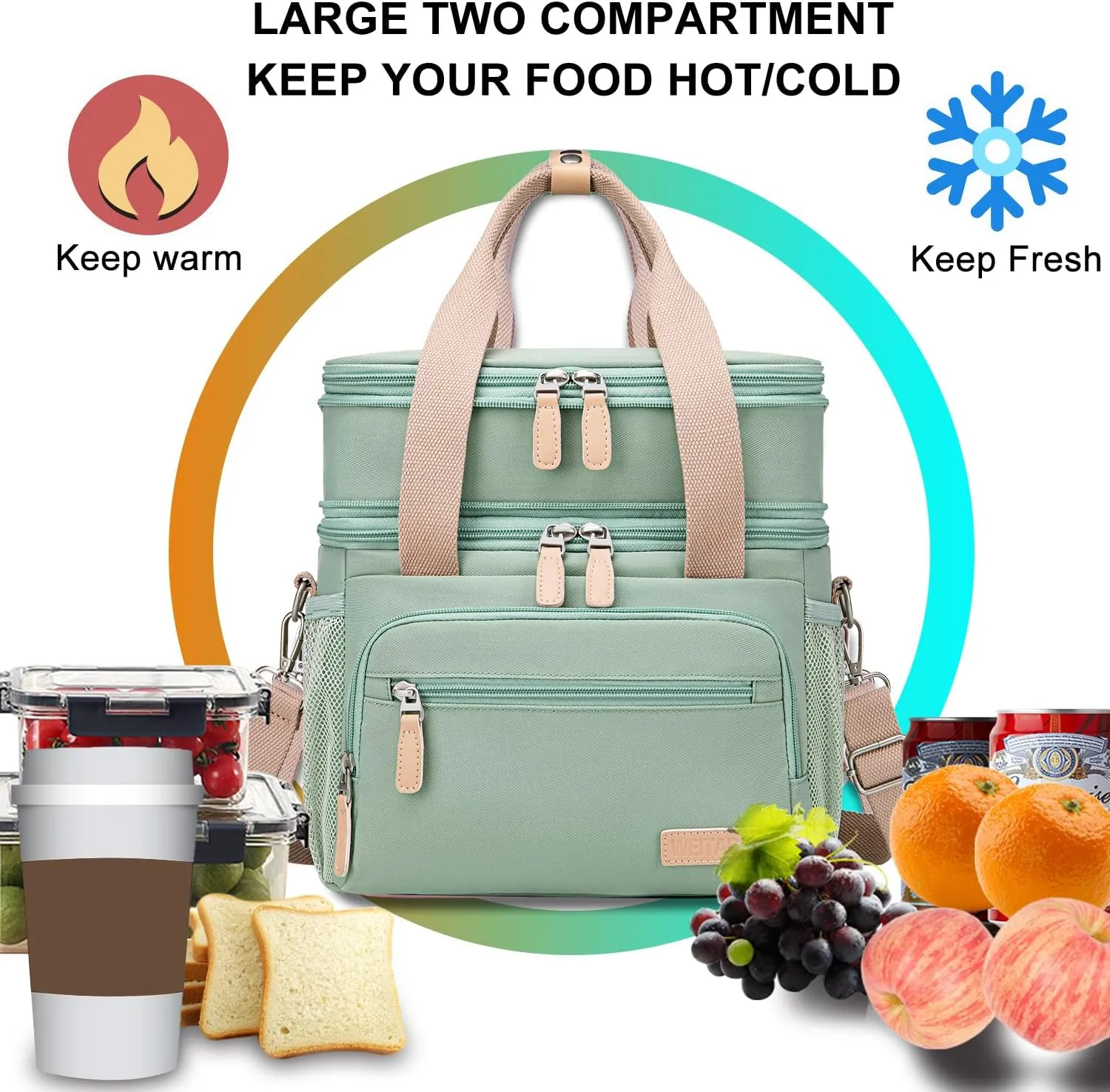 Weitars Insulated Lunch Box for Women Men-Dual Compartment Waterproof Reusable Large Lunch Bag for Women Wide-Open Tote Cooler Bag For Working Picnic Hiking (15L) (Green)