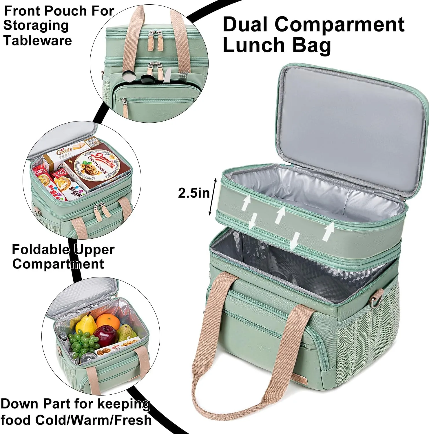 Weitars Insulated Lunch Box for Women Men-Dual Compartment Waterproof Reusable Large Lunch Bag for Women Wide-Open Tote Cooler Bag For Working Picnic Hiking (15L) (Green)