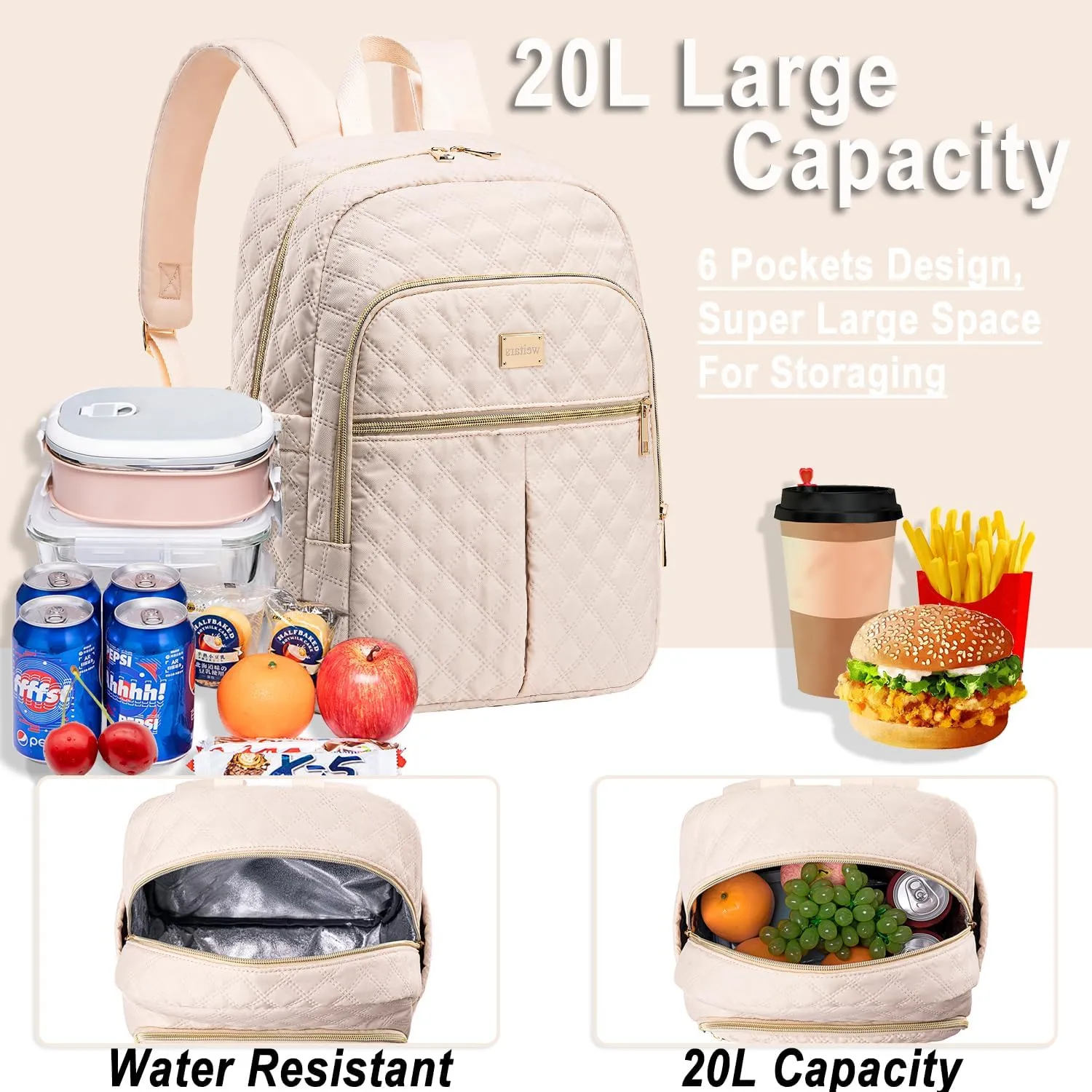 Weitars Lunch Backpack For Women Men,20L Cooler Backpack Insulated Lunch Bag For Women With Side Pockets Waterproof,Meal Prep Backpack,Adult Backpack Cooler For Lunch Picnic Hiking Camping Beach