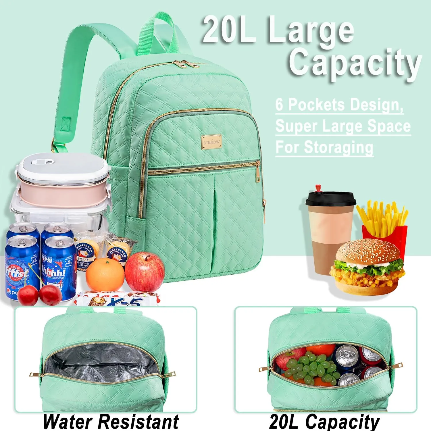 Weitars Lunch Backpack For Women Men,20L Cooler Backpack Insulated Lunch Bag For Women With Side Pockets Waterproof,Meal Prep Backpack,Adult Backpack Cooler For Lunch Picnic Hiking Camping Beach