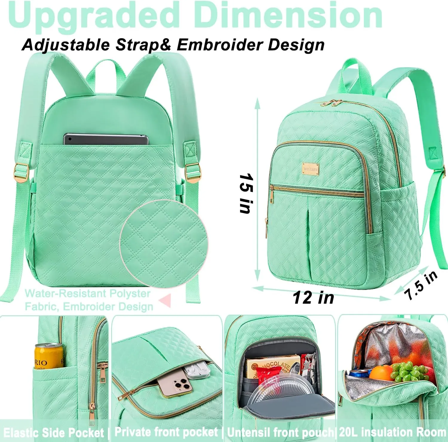 Weitars Lunch Backpack For Women Men,20L Cooler Backpack Insulated Lunch Bag For Women With Side Pockets Waterproof,Meal Prep Backpack,Adult Backpack Cooler For Lunch Picnic Hiking Camping Beach