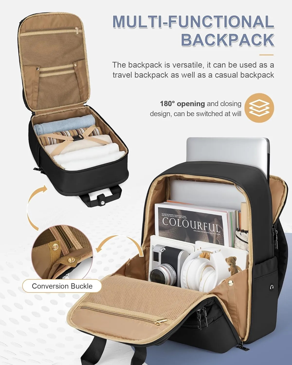wepadre Black Travel Backpack For Women Men Airline Approved Carry On Bags For Airplanes Personal Item Bag For Airlines Waterproof Hiking Backpack College Laptop Backpack Weekender Overnight Bag