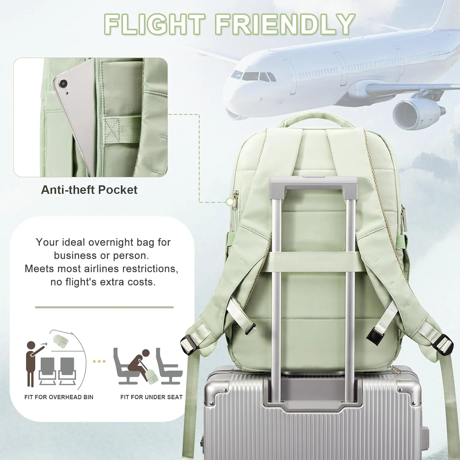wepadre Mochila De Viaje Travel Backpack Carry On Flight Approved Large Travel Backpack For Men Women Carry On Backpack For Airplanes Personal Item Travel Bag 18x14x8 Inches Travel Bag Green