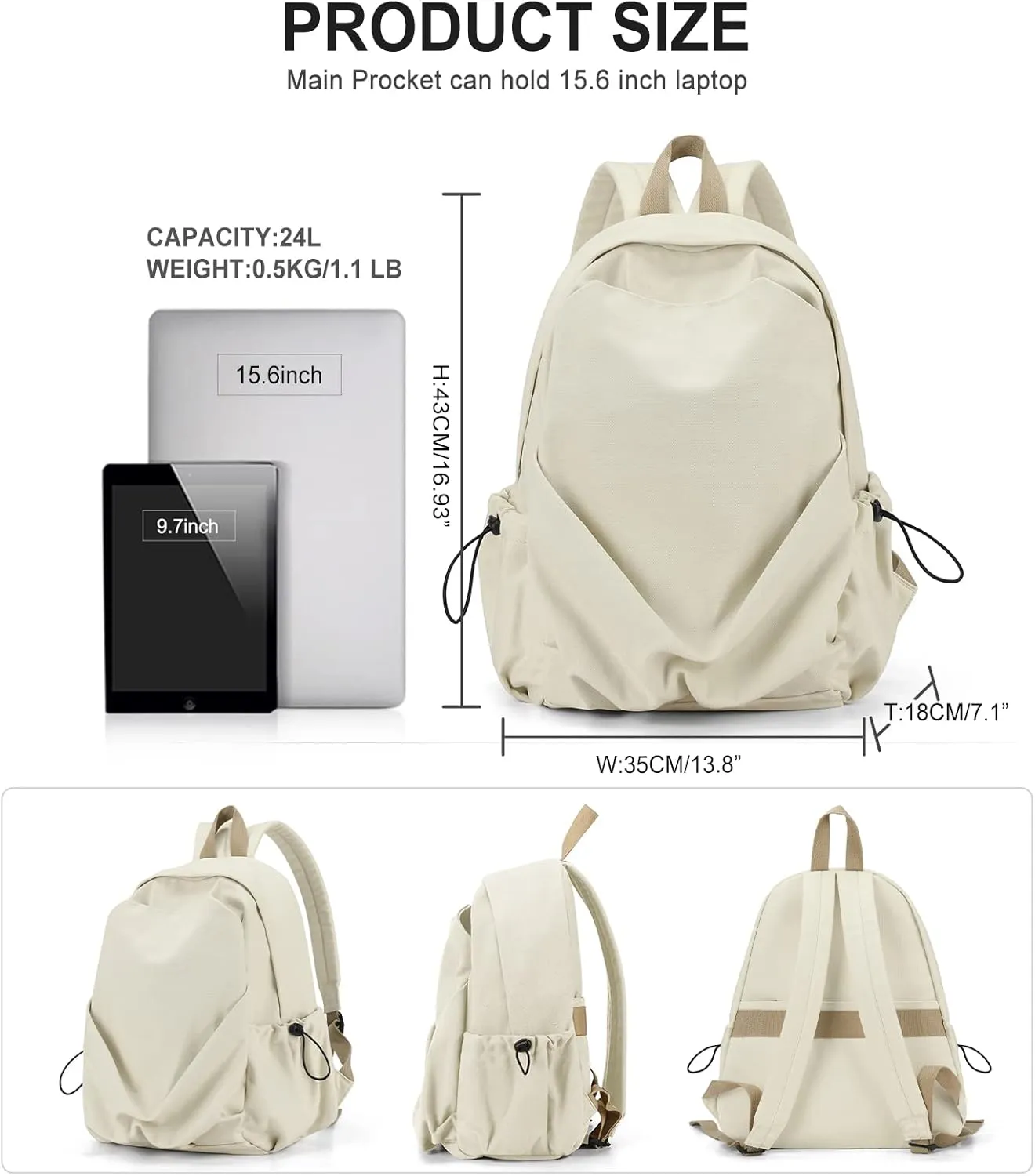 weradar Basic High School Backpack For Women Men,Lightweight Casual Daypack Backpack For College Students,Aesthetic Middle School Bag,Cute Bookbag For Teen Girls Boys(Beige)