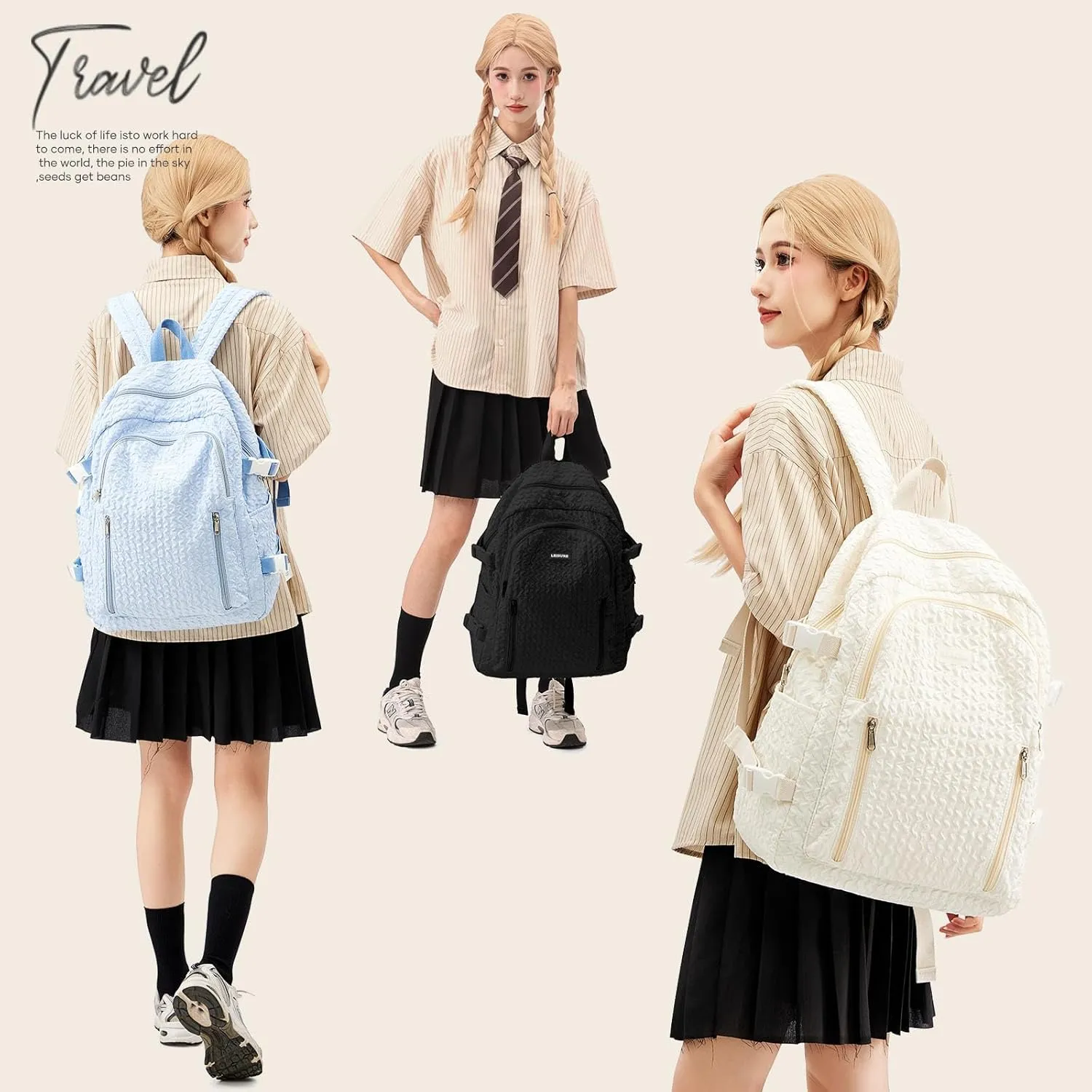 weradar Lightweight Middle School Bag For Teens Girls,Kawaii Backpack For College Students,Aesthetic Bookbag For Women,Cute School Backpack For Women Casual Daypack(Beige)