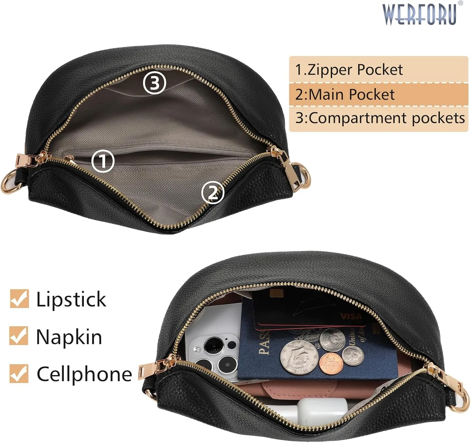 WERFORU Small Crossbody Sling Bag for Women Fanny Packs Faux Leather Chest Bag for Travel