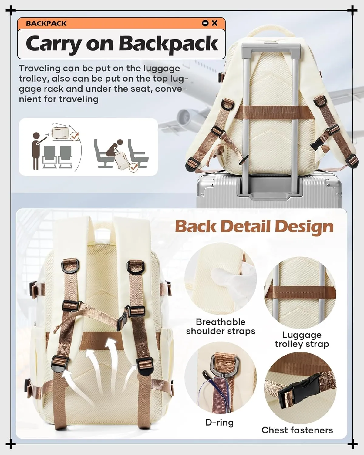 winspansy Carry on Travel Backpack for Women Men Lightweight Business Gym Laptop Work Backpack Airport Frontier Airlines Personal Item Bag Flight Approved Mochilas de Viaje Beige with Brown